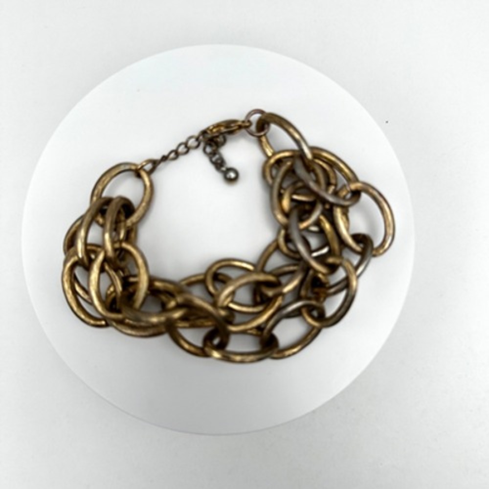 Vintage 80s Gold Tone Chunky Oval Trio-Strand Link Chain Hand Bracelet Jewelry
